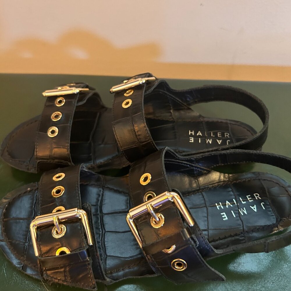 Jamie Haller Black and Gold Buckle Sandals